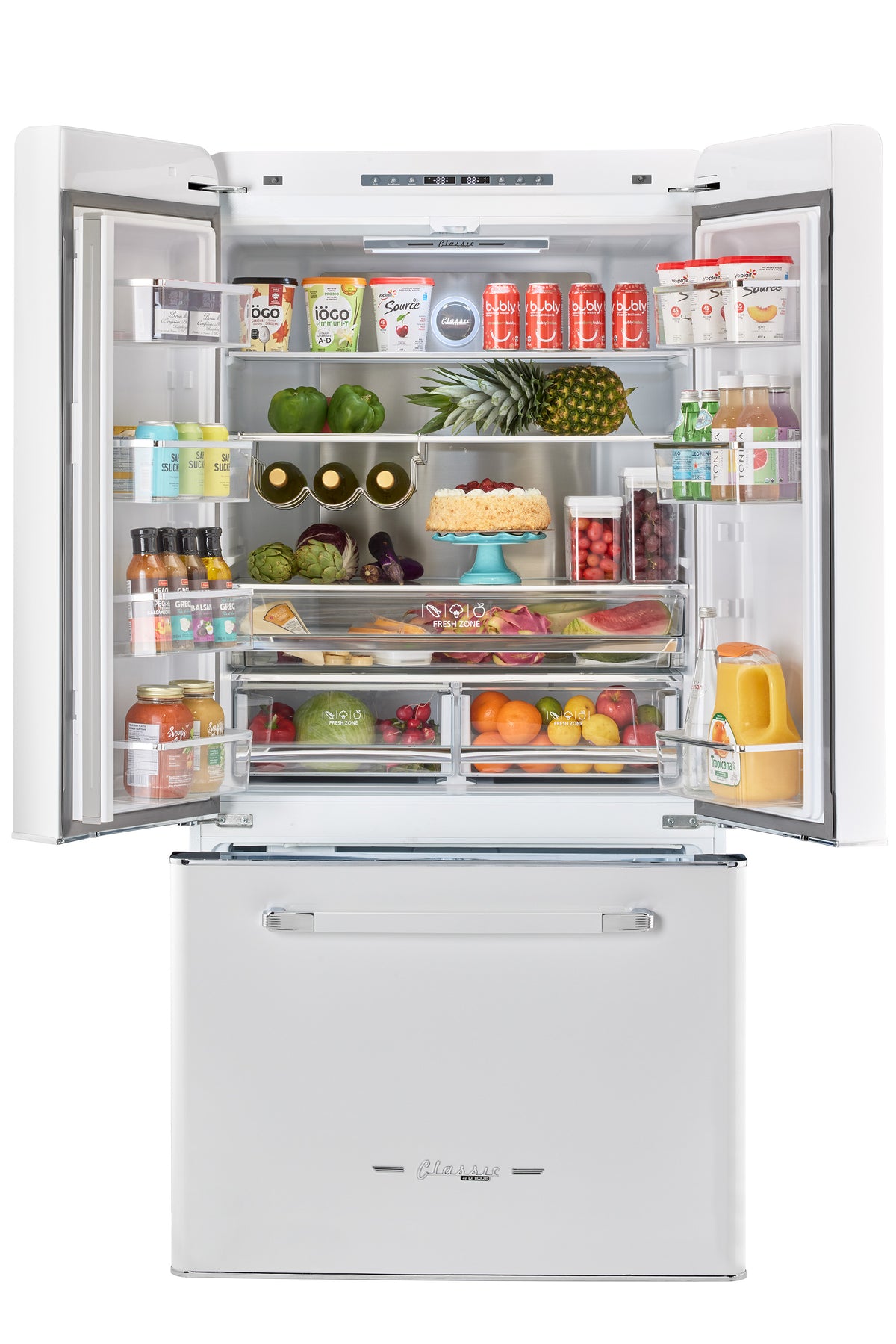 Classic Retro 36-inch 21.4 cu. ft. Frost Free French Door Counter Depth Refrigerator with Built-In Ice Maker in Marshmallow White - ENERGY STAR®