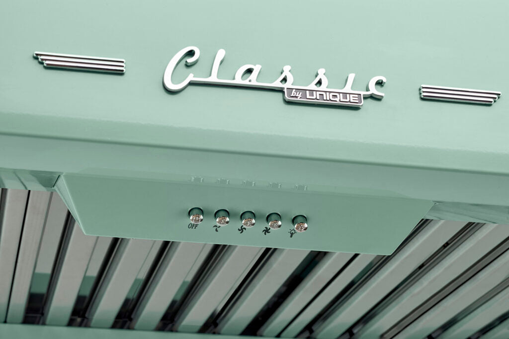 Classic Retro 24-inch 500 CFM Ducted Under Cabinet Range Hood with LED Lighting in Summer Mint Green