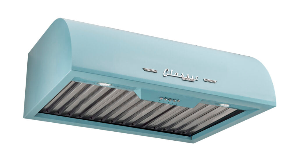 Classic Retro 24-inch 500 CFM Ducted Under Cabinet Range Hood with LED Lighting in Ocean Mist Turquoise