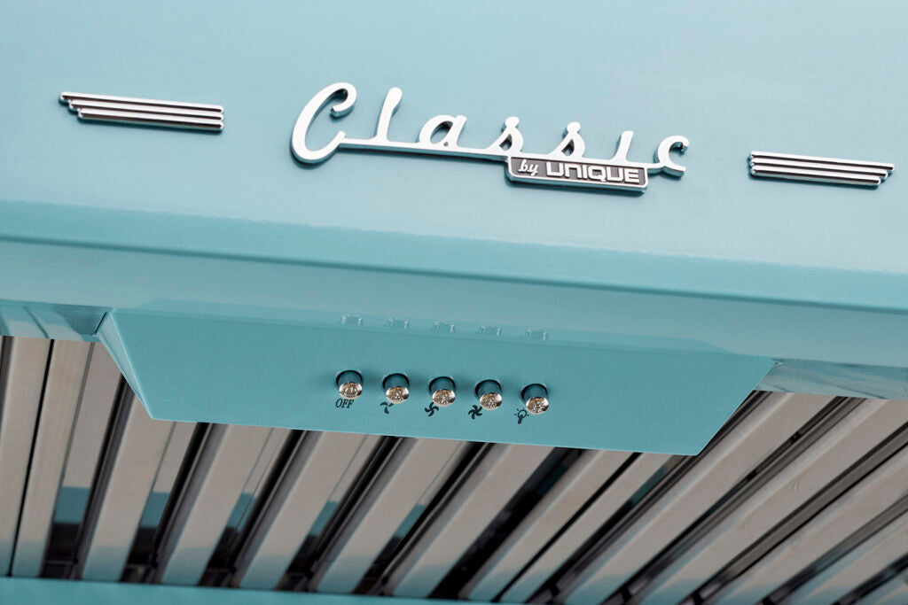 Classic Retro 24-inch 500 CFM Ducted Under Cabinet Range Hood with LED Lighting in Ocean Mist Turquoise