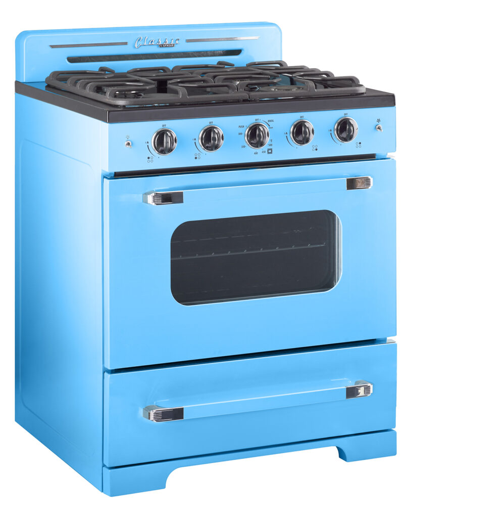 Cuisinière à gaz Classic Rétro avec four à convection, 30 po, 3,9 pi3, Robin Egg Blue