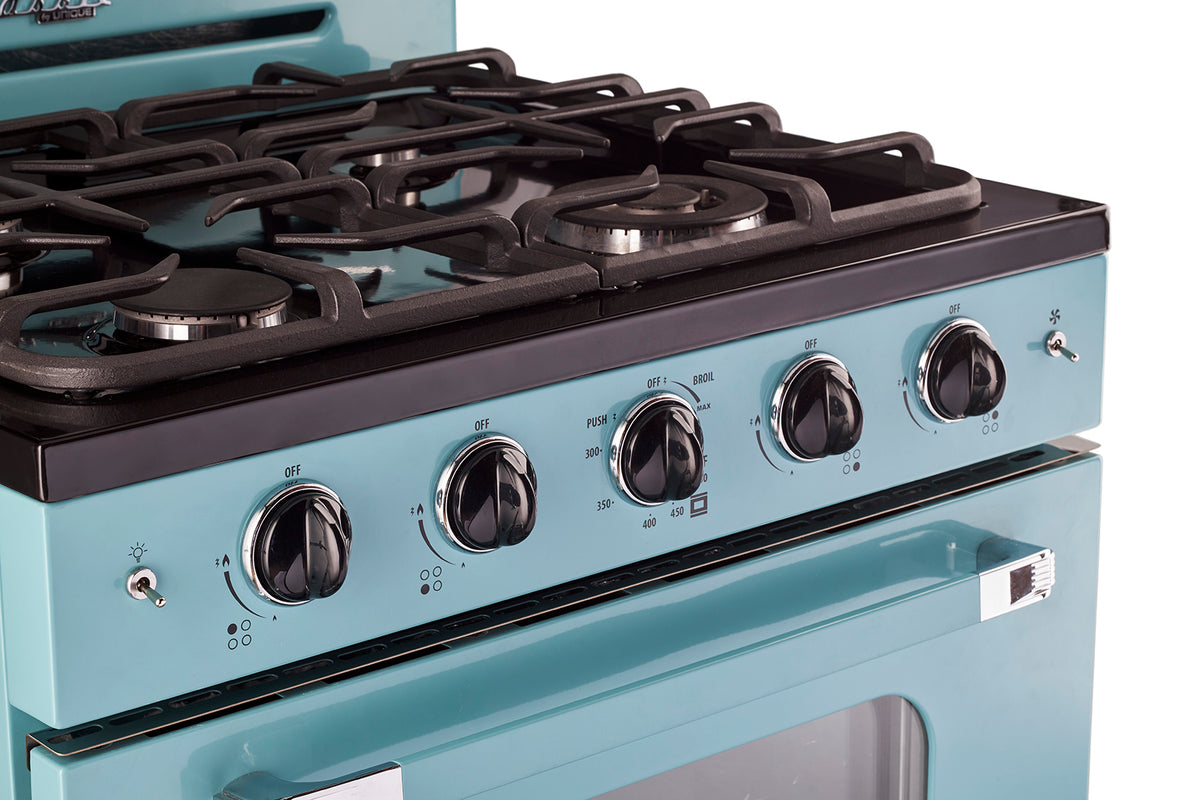 Cuisinière à gaz Classic Rétro avec four à convection, 30 po, 3,9 pi3, Ocean Mist Turquoise