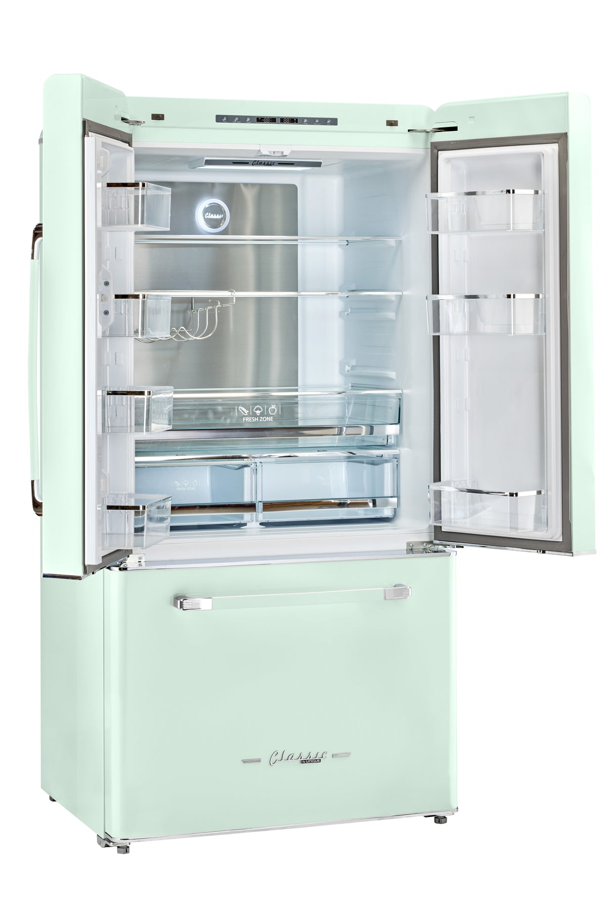 Classic Retro 36-inch 21.4 cu. ft. Frost Free French Door Counter Depth Refrigerator with Built-In Ice Maker in Summer Mint Green, ENERGY STAR®