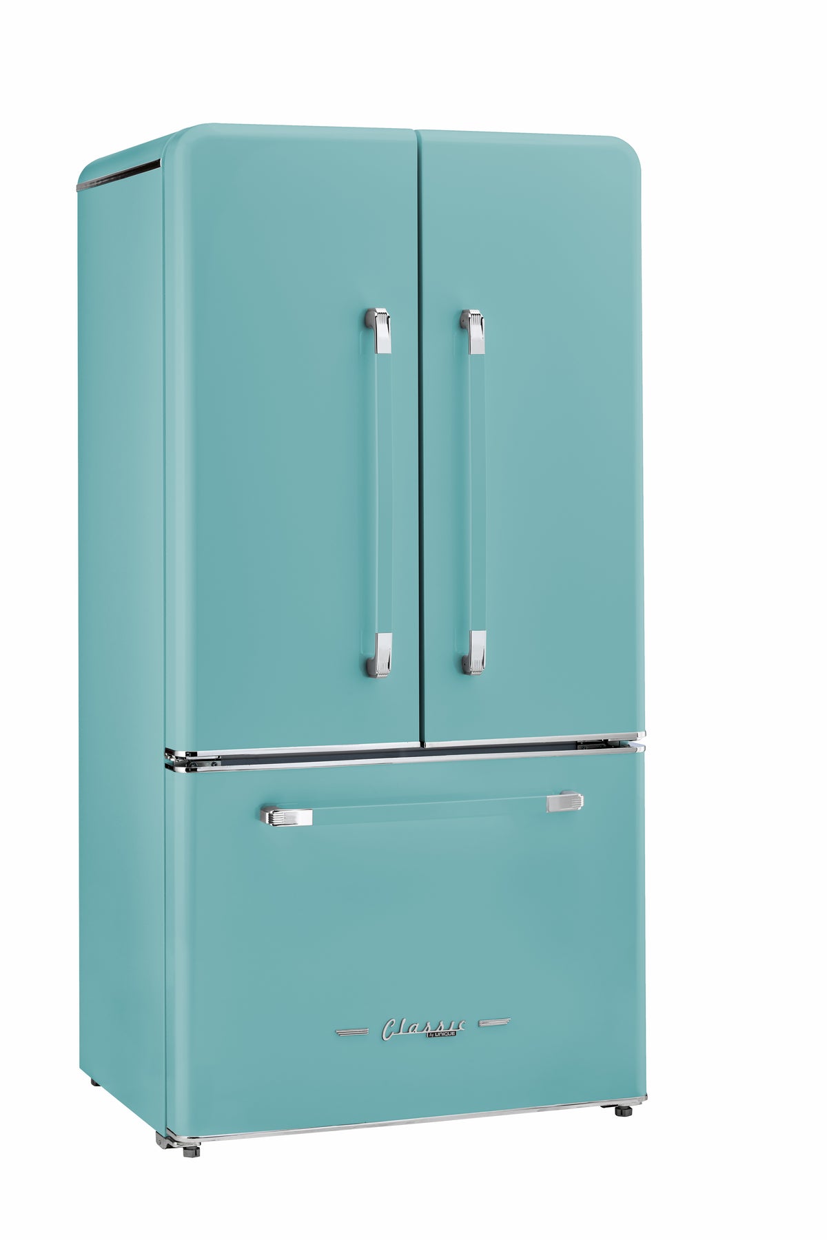 Classic Retro 36-inch 21.4 cu. ft. Frost Free French Door Counter Depth Refrigerator with Built-In Ice Maker in Ocean Mist Turquoise, ENERGY STAR®