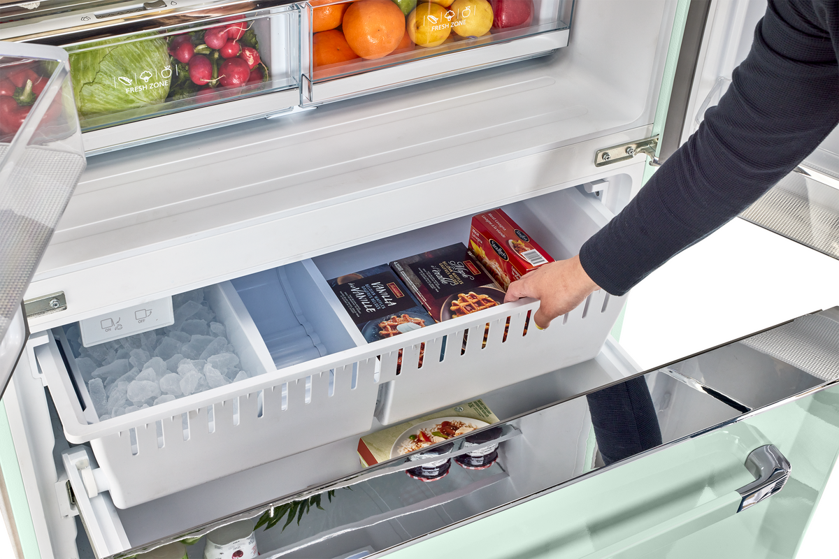 Classic Retro 36-inch 21.4 cu. ft. Frost Free French Door Counter Depth Refrigerator with Built-In Ice Maker in Summer Mint Green, ENERGY STAR®