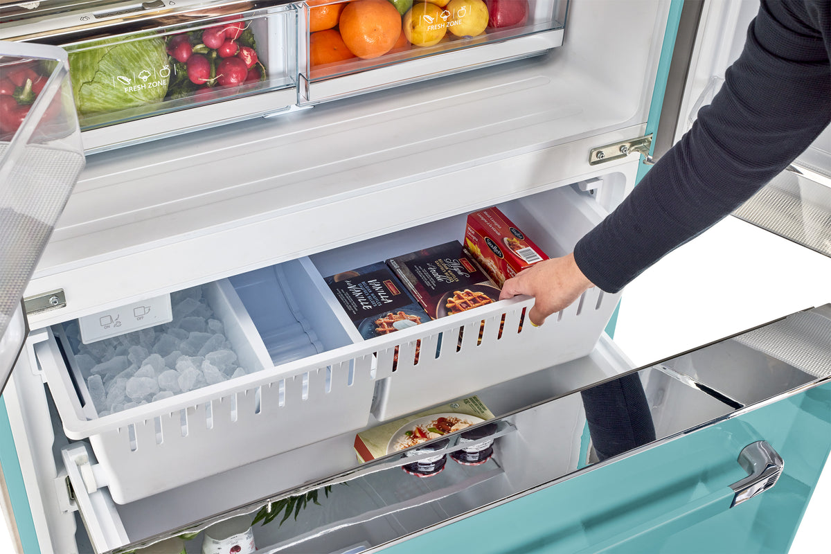 Classic Retro 36-inch 21.4 cu. ft. Frost Free French Door Counter Depth Refrigerator with Built-In Ice Maker in Ocean Mist Turquoise, ENERGY STAR®