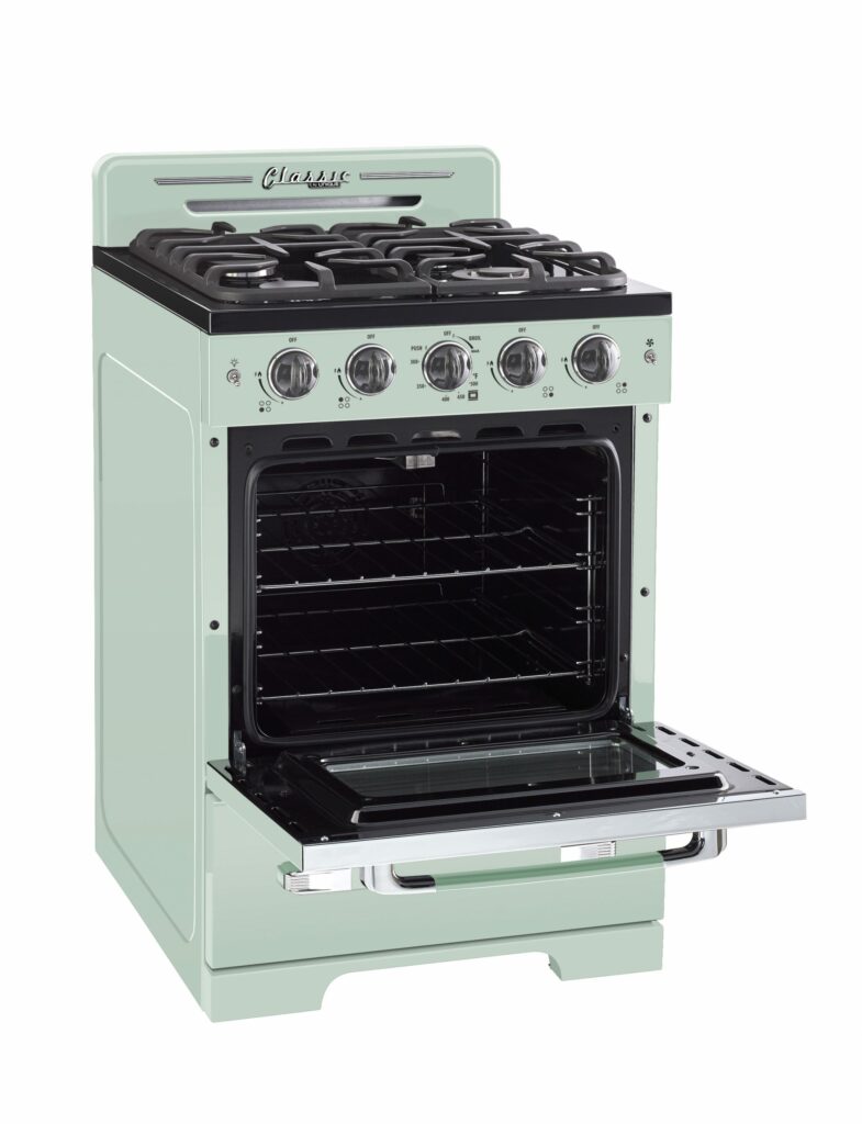 Cuisinière à gaz Classic Rétro avec four à convection, 24 po, 2,9 pi3, Summer Mint Green