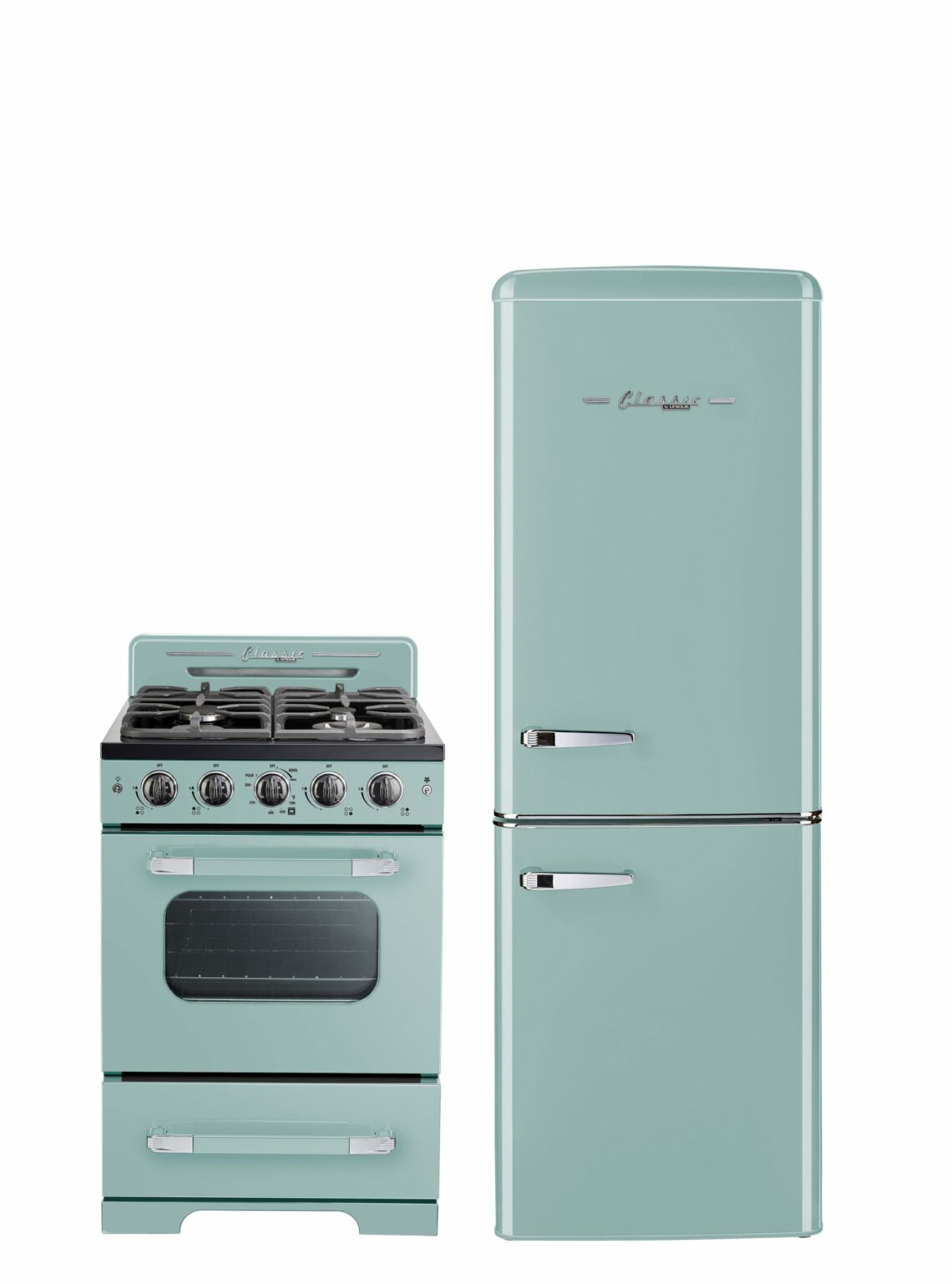 Cuisinière à gaz Classic Rétro avec four à convection, 24 po, 2,9 pi3, Ocean Mist Turquoise