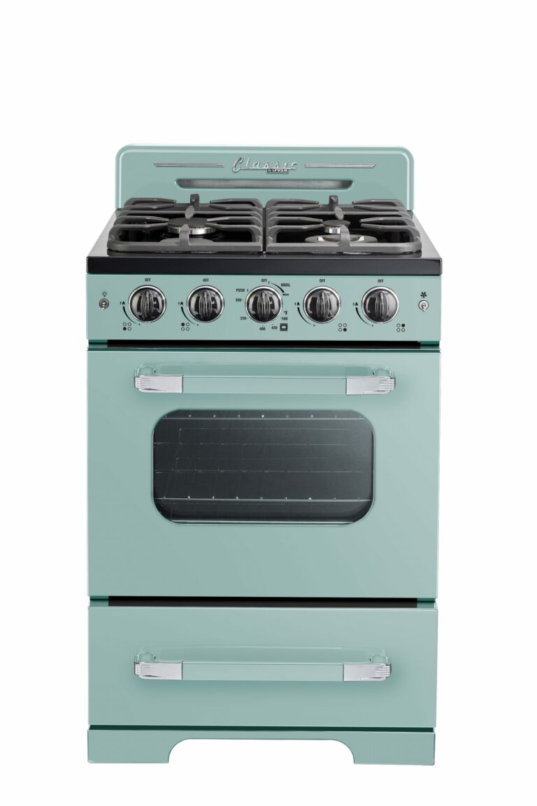 Cuisinière à gaz Classic Rétro avec four à convection, 24 po, 2,9 pi3, Ocean Mist Turquoise