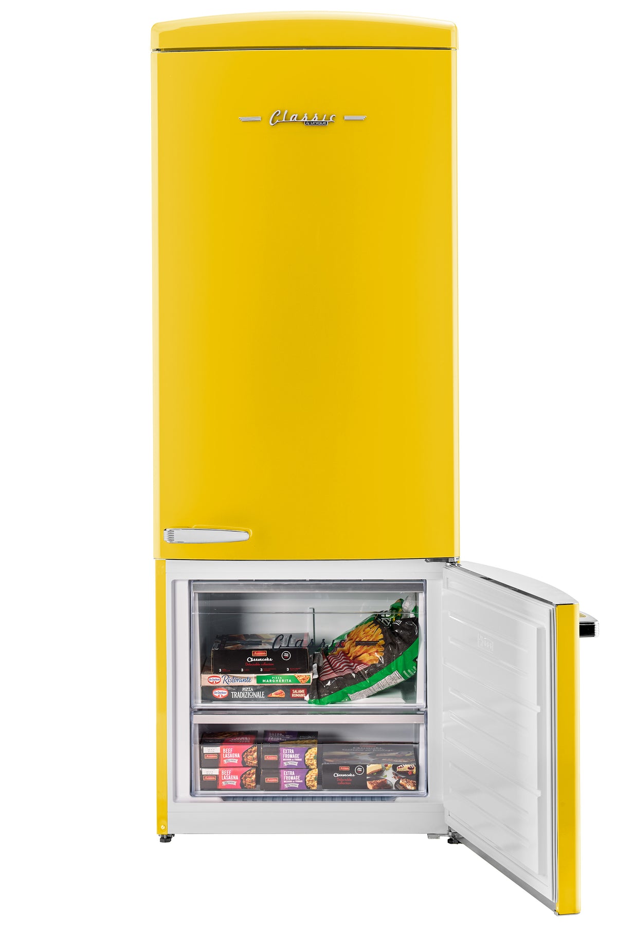 Unique 455L Canary Yellow Bottom Mount Refrigerator