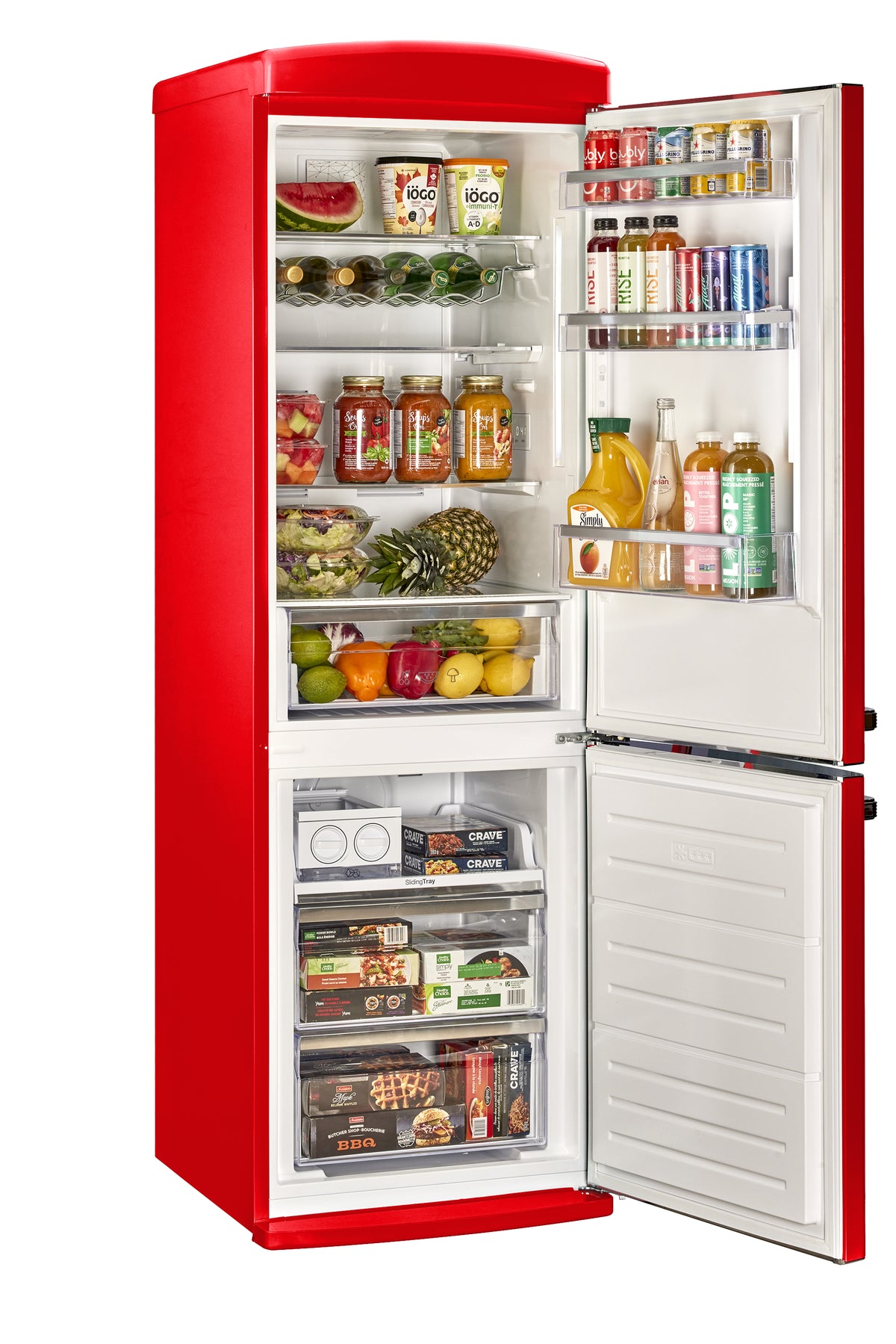 Classic Retro 23.8 in 11.7 cu. ft. Frost Free Retro Bottom Freezer Refrigerator in Candy Apple Red, ENERGY STAR