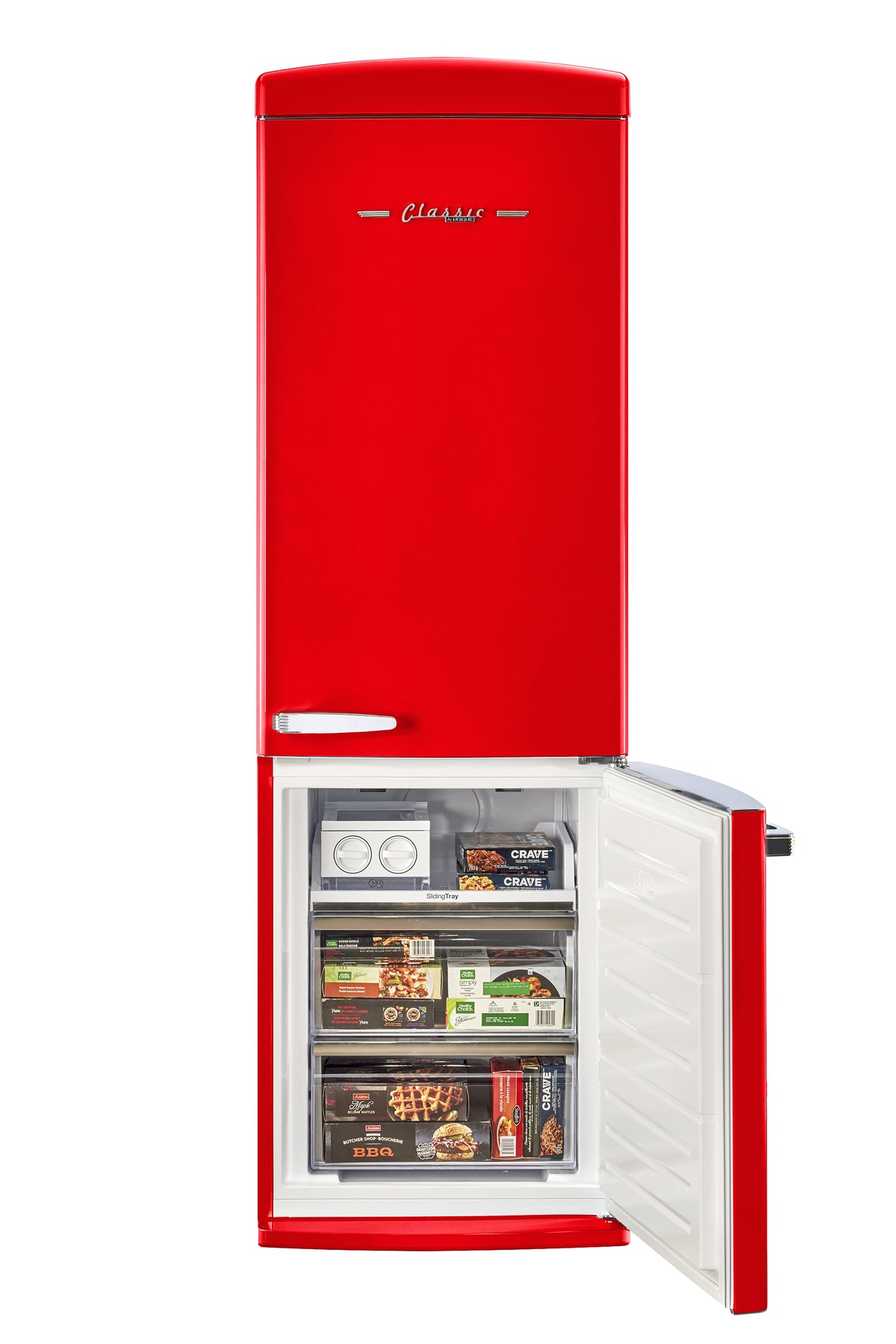 Classic Retro 23.8 in 11.7 cu. ft. Frost Free Retro Bottom Freezer Refrigerator in Candy Apple Red, ENERGY STAR