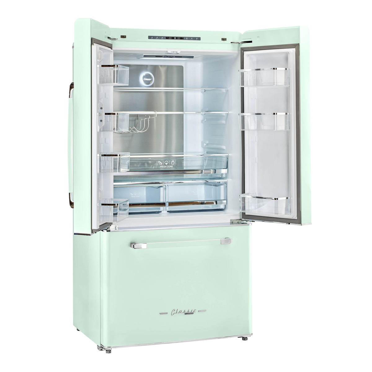 Classic Retro 36-inch 21.4 cu. ft. Frost Free French Door Counter Depth Refrigerator with Built-In Ice Maker in Summer Mint Green, ENERGY STAR®