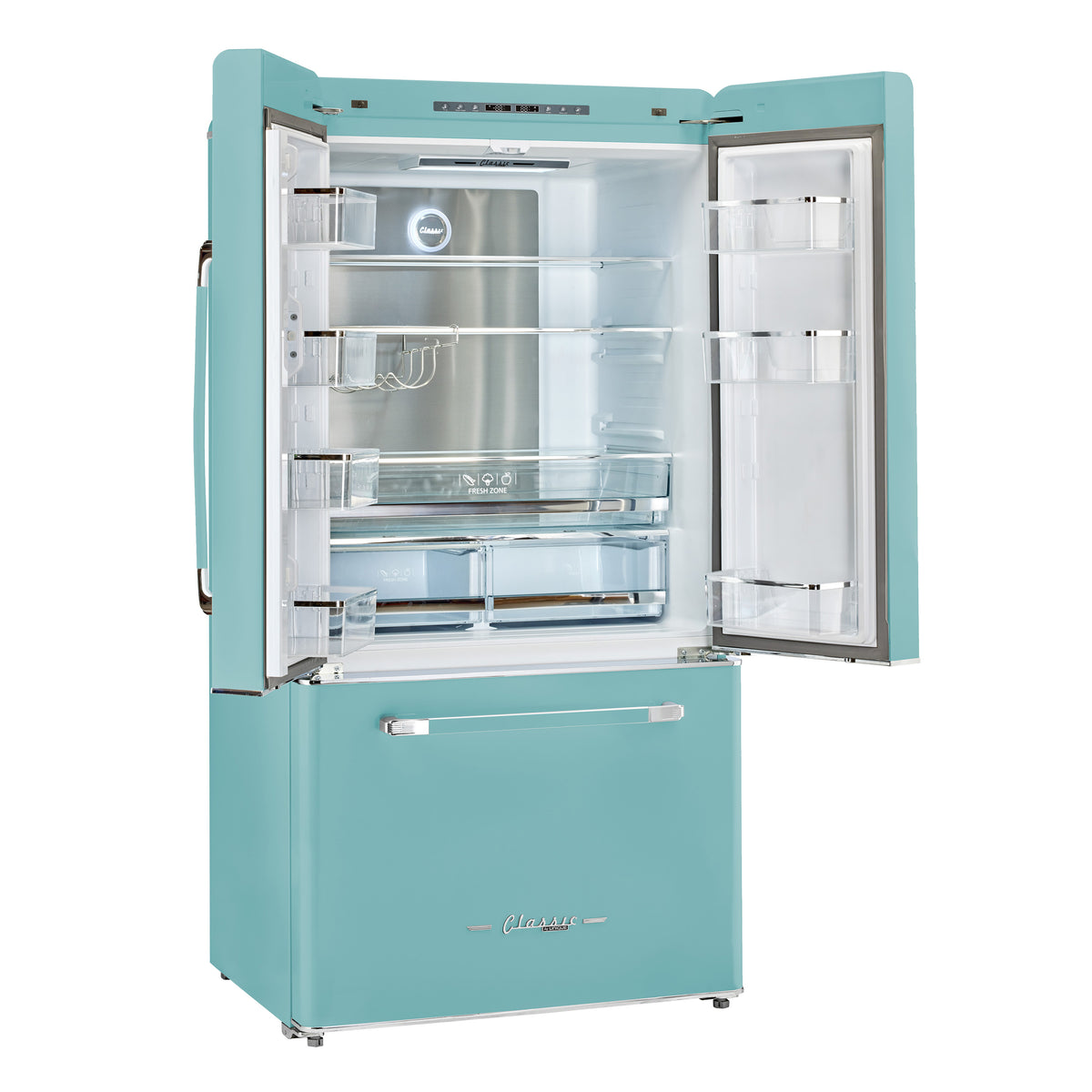 Classic Retro 36-inch 21.4 cu. ft. Frost Free French Door Counter Depth Refrigerator with Built-In Ice Maker in Ocean Mist Turquoise, ENERGY STAR®