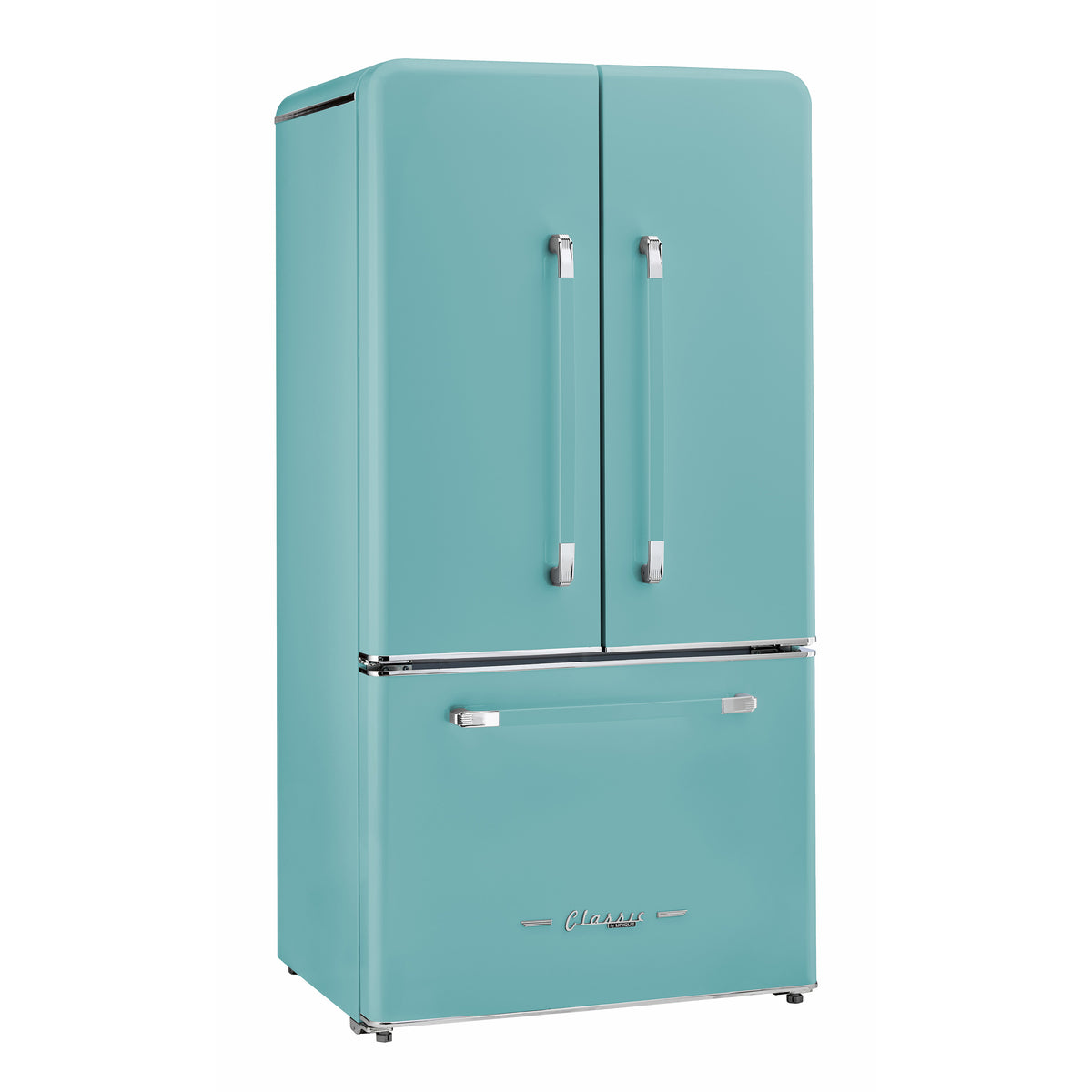 Classic Retro 36-inch 21.4 cu. ft. Frost Free French Door Counter Depth Refrigerator with Built-In Ice Maker in Ocean Mist Turquoise, ENERGY STAR®